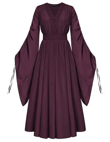 Produktbild: Mittelalter Maxikleid Damen V-Ausschnitt mit Spitze A-Linie Piraten Kleid mit Taschen XL Lila Rot