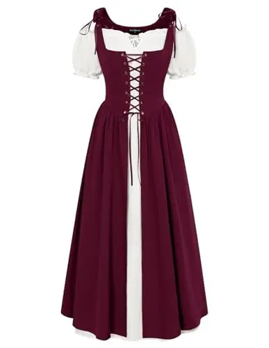 Produktbild: SCARLET DARKNESS Damen Ren Faire Faschingskleid Rockabilly mit Taschen Wikinger Medieval Dress Dunkelrot XXL