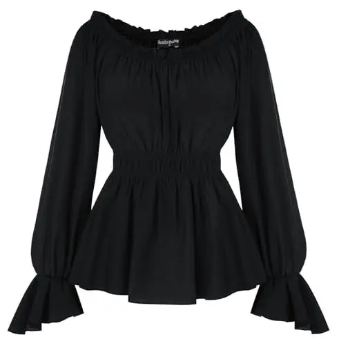 Produktbild: SCARLET DARKNESS Damen Renaissance Bluse Off Shoulder Oberteil Rüschenbluse Cosplay Piratenkostüm Schwarz S