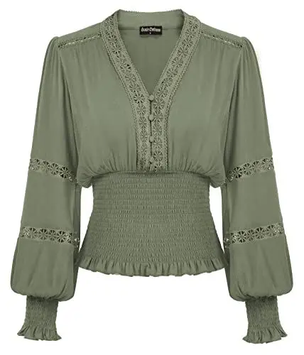 Produktbild: SCARLET DARKNESS Damen Steampunk Piratenhemd Korsett Elastisch Hohe Taille Laternenhülse Rüschenbluse Hellgrau Grün XL