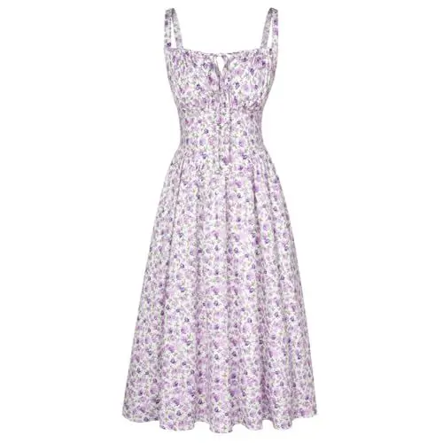 Produktbild: SCARLET DARKNESS Damen Frühling Sommer Blumenkleid Ärmellos Lace-Up Lange Boho Kleid Grün-Lila Blumen L