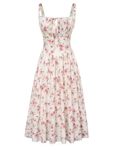 Produktbild: SCARLET DARKNESS Mittelalter Damen Cottagecore Dress Vintage Milkmaid Country Kleid Weiß-Rosa Blumen M