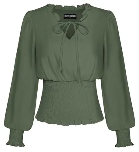 Produktbild: SCARLET DARKNESS Damen Renaissance Trachtenhemd Puffärmel mit Kordelzug Country Oberteile Armeegrün L