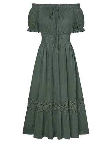 Produktbild: Viktorianisches Kleid Damen Puffärmel Elastische Taille Casaul A-Linie Rüschenkleid Olivgrün M
