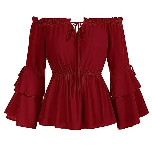 Produktbild: SCARLET DARKNESS Damen Renaissance Trachtenbluse Elegant Schulterfrei mit Lace-Up Langarm Witchy Clothes Rot L