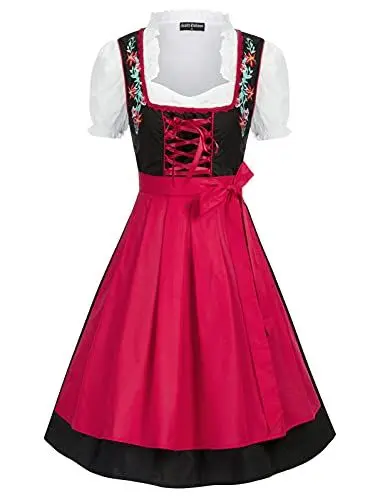 Produktbild: SCARLET DARKNESS Damen Trachtenkleid 3tlg Damen Dirndl Kleid für Oktoberfest 3tlg Kleid, Bluse, Schürze Schwarz und Rot L