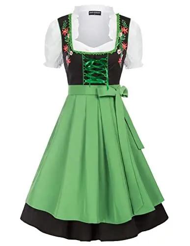 Produktbild: SCARLET DARKNESS Damen Trachtenkleid 3tlg Damen Knielang Dirndl Kleid für Oktoberfest 3tlg Kleid, Bluse, Schürze Schwarz und Grün M
