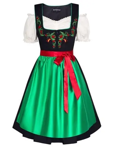 Produktbild: SCARLET DARKNESS Damen Dirndl Oktoberfest Trachtenkleid 3tlg Dirndlschürze Festlich Dirndlbluse Schwarz und Grün S