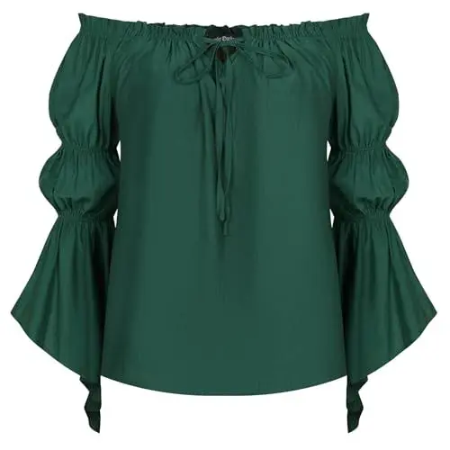 Produktbild: SCARLET DARKNESS Damen Viktorianische Trachtenbluse Lace-Up Trompetenärmel Mittelalterliche Bluse Dunkelgrün M
