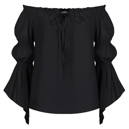 Produktbild: SCARLET DARKNESS Damen Viktorianische Trachtenbluse Lace-Up Trompetenärmel Mittelalterliche Bluse Schwarz M