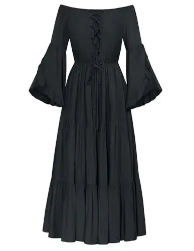 Produktbild: SCARLET DARKNESS Damen Viktorianisches Kleid Lace-up Off Shoulder mit Schlitz Cosplay Kleider Schwarz XL