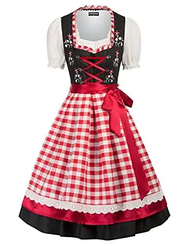 Produktbild: SCARLET DARKNESS Damen Knielang Dirndl Kleid 3 TLG Kleid, Bluse, Schürze für Bierfest Spitzenkleid Rot Schwarz Plaid M