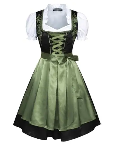 Produktbild: SCARLET DARKNESS Damen Oktoberfest Dirndl Midi Kleid 3tlg Trachtenkleid, Dirndlschürze, Bluse Schwarz und Grün XXL