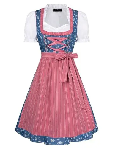 Produktbild: SCARLET DARKNESS Damen Midi Trachtenkleid Trachtenrock Trachtenmode Dirndl Bluse Jeansblau und Rosa L