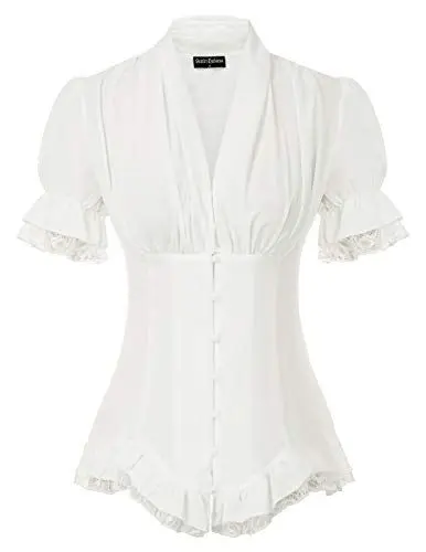 Produktbild: Damen Renaissance-Shirt Kurzarm V-Ausschnitt mit Rüschen Schnürrücken Trachtenbluse M Weiß