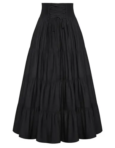 Produktbild: Damen Mittelalter Rock Lang Hohe Taille Lace-up Cosplay Maxirock Piraten Rock Schwarz L