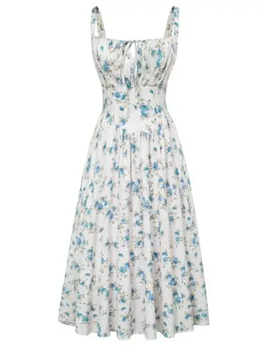 Produktbild: SCARLET DARKNESS Damen Frühling Sommer Blumenkleid Ärmellos Lace-Up Lange Boho Kleid Weiß-Blau Blumen L