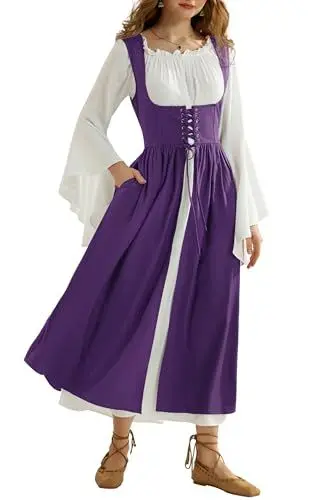 Produktbild: SCARLET DARKNESS Ren Faire Damen Rockabilly Kleid Schulterfrei Lange Peasant Zigeuner Kostüm Lila XXL