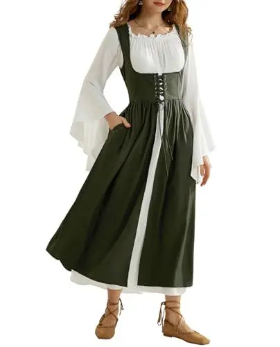 Produktbild: SCARLET DARKNESS Ren Faire Damen Rockabilly Kleid Schulterfrei Lange Peasant Zigeuner Kostüm Olivgrün XXL
