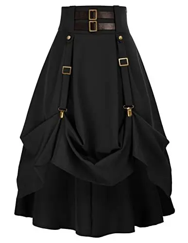 Produktbild: Steampunk Damen Rock Knielang High-Low Saum A-Linien Elegant Rockabilly Rock Schwarz S
