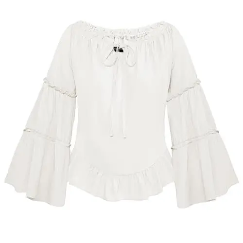 Produktbild: Mittelalter Bluse Damen Off Shoulder mit Rüschen Weiß Blusen Langarm Retro Renaissance Shirts für Cosplay M