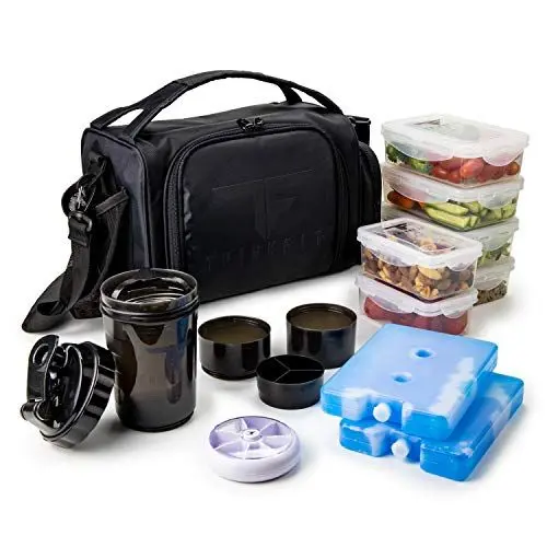 Produktbild: Scatola termica per il pranzo con 6 contenitori per il controllo delle porzioni di cibo – senza BPA, riutilizzabile, utilizzabile nel microonde, porta pillole, tracolla e tasca portaoggetti (nero)