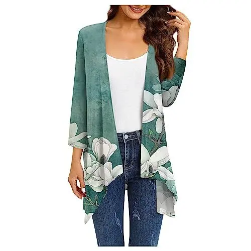 Produktbild: SCBFDI Blazer Damen Elegant, Trenchcoat Frauen Hawaii Offene Vorderseite Lange Drapierte Leichte Strickjacke Sommer 3/4 Ärmel Übergröße Herbst Outerwear Kleidung, Strick Bolero Damen