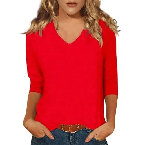 Produktbild: SCBFDI Blusen & Tuniken für Damen Damen Pullover 3/4 Arm Damen Shirt 3/4 Arm 46 Festliche Mode Damen Long Shirt Damen Outfit Damen Bluse Damen Blau Damen Longshirt 3/4 Arm Damen Rot M