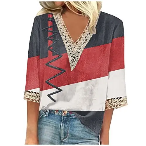 Produktbild: SCBFDI Blusen & Tuniken für Damen Damen Shirt 3/4 Arm 46 Festliches Outfit Damen Tshirt Damen Basic Bluse Bügelfrei Damen Shirts Damen Elegant Damen Leinenbluse Damenblusen 3/4 Rot XL