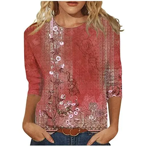 Produktbild: SCBFDI Damenblusen 3/4 Arm Bluse 3/4 Arm Damen Damen Shirt Shirt Damen Gestreift Shirt Unter Blazer Damen T Shirt mit Gummizug Am Bund Damen Ältere Rot M