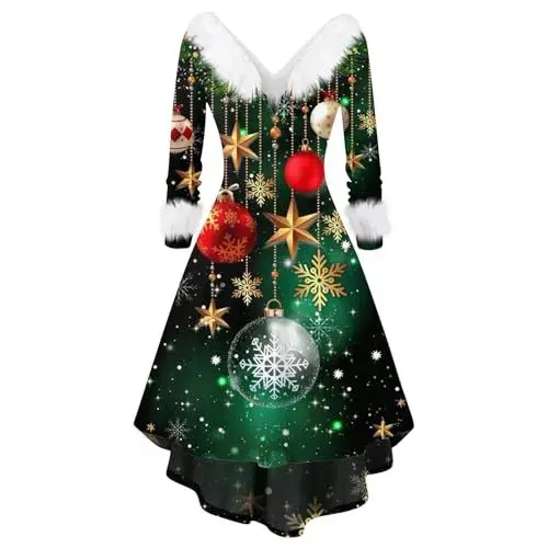 Produktbild: SCBFDI 20Er Jahre Kleid Weihnachtskleid Darnen Lang Lustige Geschenkideen Schwarzes Kleid Damen Lang Dino Kostüm Erwachsene 2000S Clothes Sexy Santa Kostüm Grün L