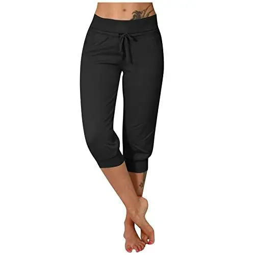 Produktbild: SCBFDI Hose Damen Sommer Leinenhose Damen Sommer Leinen-Schlupfhose Schnittmuster Hose Damen Trainingshose Damen 3/4 Fitnesskleidung für Damen Leichte Jogginghose Damen Sommer Caprihose Schwarz L