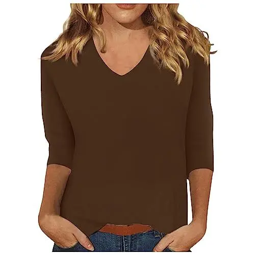 Produktbild: SCBFDI Italienische Blusen Damen T-Shirt 3/4 Arm Bluse Weiss Damen Rippshirt Damen Festliche Blusen Zur Hochzeit Lange Blusen Damen für Leggings Dreiviertel Shirt Damen Shirt Damen Braun XL