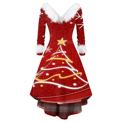 Produktbild: SCBFDI Kleider für Mädchen - Witzige Weihnachtskleider, Eiskunstlauf Kleid, Clown Kostüm, Nonnen Kostüm Damen, Lange Abendkleider Mit Ärmel, Weihnachtskleid Elegant Rot M
