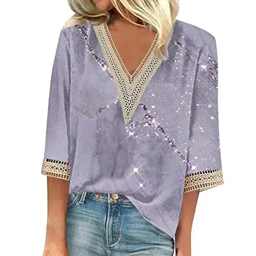Produktbild: SCBFDI Longbluse Damen Tunika Damen 3/4 Arm T Shirt Weiß Damen Leoprint Damen Oberteil Weißes Tshirt Damen Festliche Blusen Damen Sommeroberteil Damen Leicht Elegant Damen Tunika Lila XL