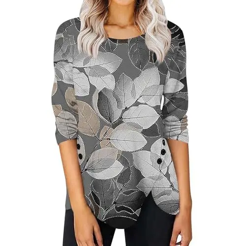 Produktbild: SCBFDI Prime Big Deal Days, Casual Tops für Frauen Langärmelige Hemden mit Rundhalsausschnitt Herbst Tunika mit Seitenschlitz Mode Knopf Unten Basic-T-Shirts mit Design, Batik Pullover
