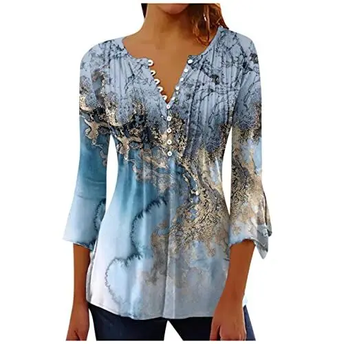 Produktbild: SCBFDI V Ausschnitt Damen Oberteil Blusenshirt Damen 3/4 Arm Jeansbluse Damen Lange Blusen Damen Lange Blusen für Leggings Sommeroberteil Tshirt Damen Elegant Sommer 3/4 Arm Shirt Blau M