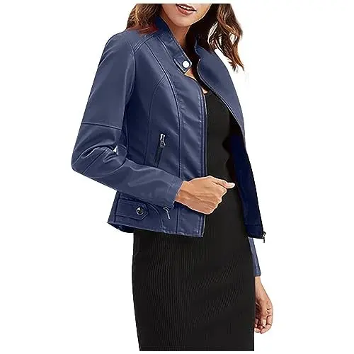 Produktbild: SCBFDI Warehouse Deals Angebote, Jacken für Frauen Schick Lässig Kunstleder-Jacke Langärmelig Reißverschluss Motorradjacke Biker-Mantel Gekürzte Oberbekleidung, Damen Ledermantel