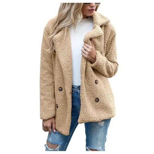 Produktbild: SCBFDI Damen Winterjacke Trenchcoat Beige XL Warm Lammfellmantel Langarm Wintermantel mit Knopfleiste und Schlitztasche