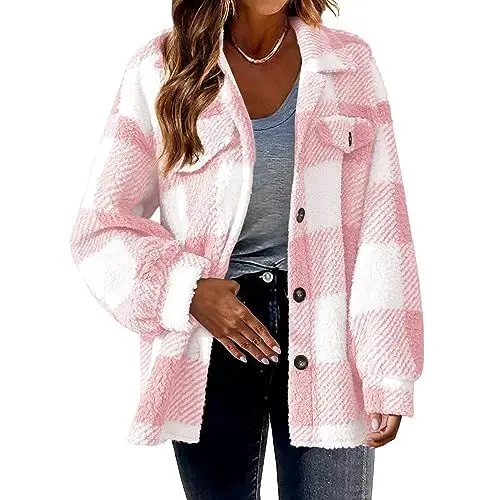 Produktbild: TTFDJG Hemdjacke Damen kariert holzfäller Jacke Karohemd Plaid Shirt Oversized Kariert Herbst Winter Freizeit Karobluse Retro Karo Basic Rosa XL