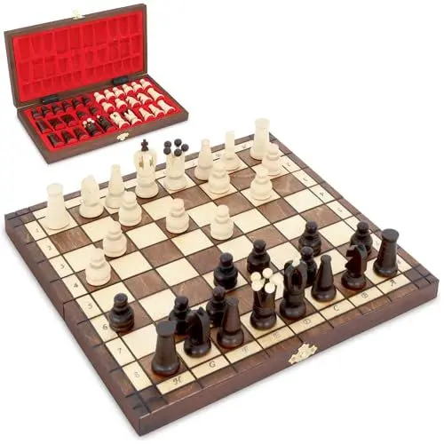 Produktbild: Schach Schachspiel Set klappbares Schachbrett mit Schachfiguren aus Holz 34 cm - Chess Board Spiel für Kinder und Erwachsene Reiseschach hochwertig und edel Holzschach Traditionell