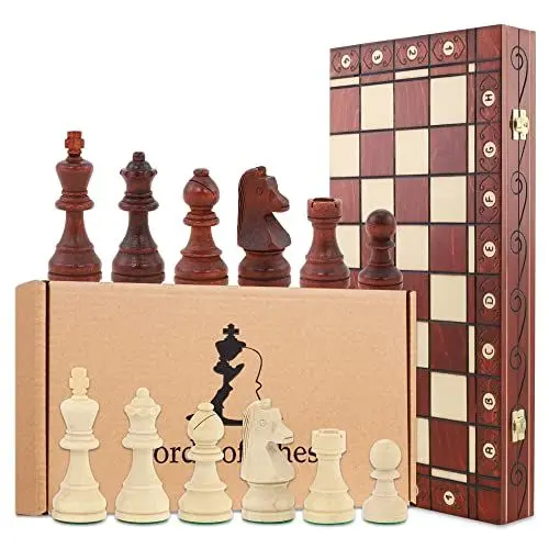 Produktbild: Schach Schachspiel Set klappbares Schachbrett mit Schachfiguren aus Holz 48 cm - Chess Board Spiel für Kinder und Erwachsene Reiseschach hochwertig und edel Holzschach Traditionell