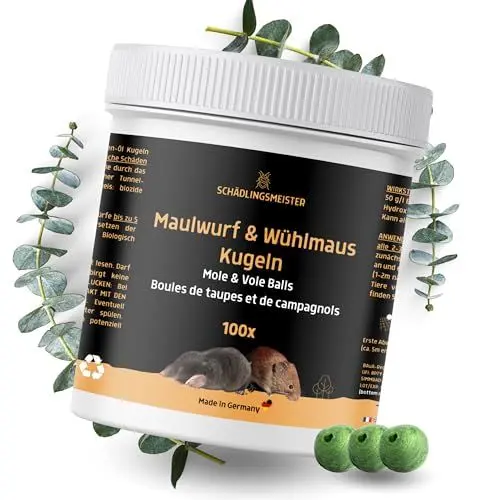 Produktbild: SCHÄDLINGSMEISTER Maulwurf & Wühlmaus Kugeln - Maulwurf Vertreiber & Wühlmausschreck - 100 Kugeln - EUKALYPTUS Zitrone Duft - Biologisch abbaubar - Effektiv gegen Maulwürfe und Wühlmäuse