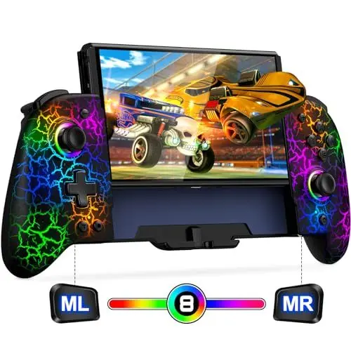 Produktbild: Schalter Controller für Schalter/OLED Controller, Full-Size Grip One-Piece Wireless Switch Joypad mit 9-Farbleuchten. Ideal für diejenigen, die Handheld-Modus mit APP, Turbo und Programmierung