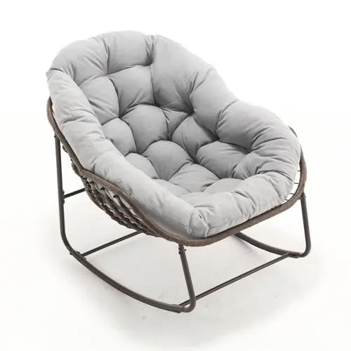 Produktbild: Schaukelstuhl Outdoor, Große Schaukelsessel, Gepolstert Schwingsessel, Relaxstuhl mit Armlehnen, Lesesessel mit dickem Kissen, Ohrensessel Sessel für Balkon, Garten, Hinterhof, Deck, Patio, Hellgrau