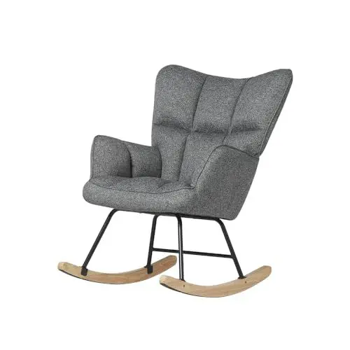 Produktbild: DARDVORLAG Schaukelstuhl mit weichem Lammfellimitat – Beiger Relaxstuhl im Skandi-Stil, gepolstert & ergonomisch, ideal fürs Wohnzimmer, Schlafzimmer (Grau, 71cm x 99cm x 91.5cm)