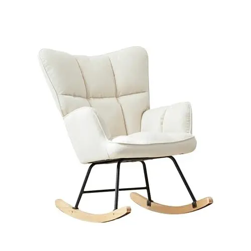 Produktbild: DARDVORLAG Schaukelstuhl – Moderner Relaxsessel aus Holz mit Leinenbezug, Ergonomischer Wippsessel für Wohnzimmer & Leseecke, Komfortabel & Pflegeleicht, 150 kg belastbar (Beige, 45cmX84cmX99cm)