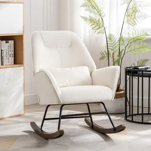 Produktbild: Schaukelstuhl Schaukelsessel Samt Sessel Wohnzimmer mit verdickte Kopfstütze und Holzsockel Moderne Polstersessel Relaxstuhl für Schlafzimmer Kinderzimmer Hotel Beige