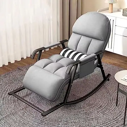 Produktbild: Schaukelstuhl Wohnzimmer Modern Schaukelstuhl mit Liegefunktion, Schaukelsessel mit Seitentasche & Verstellbarer Fußstütze, Relaxsessel für Wohnzimmer, Schlafzimmer, Balkon, Terrasse (Grau)