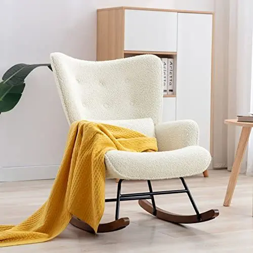 Produktbild: Schaukelstuhl Wohnzimmer Teddy Sessel Boucle Stuhl beige Skandinavischer Schaukelsessel mit Lendenkissen und Holzbeinen moderner Polstersessel Lesesessel Relaxstuhl für Schlafzimmer Balkon